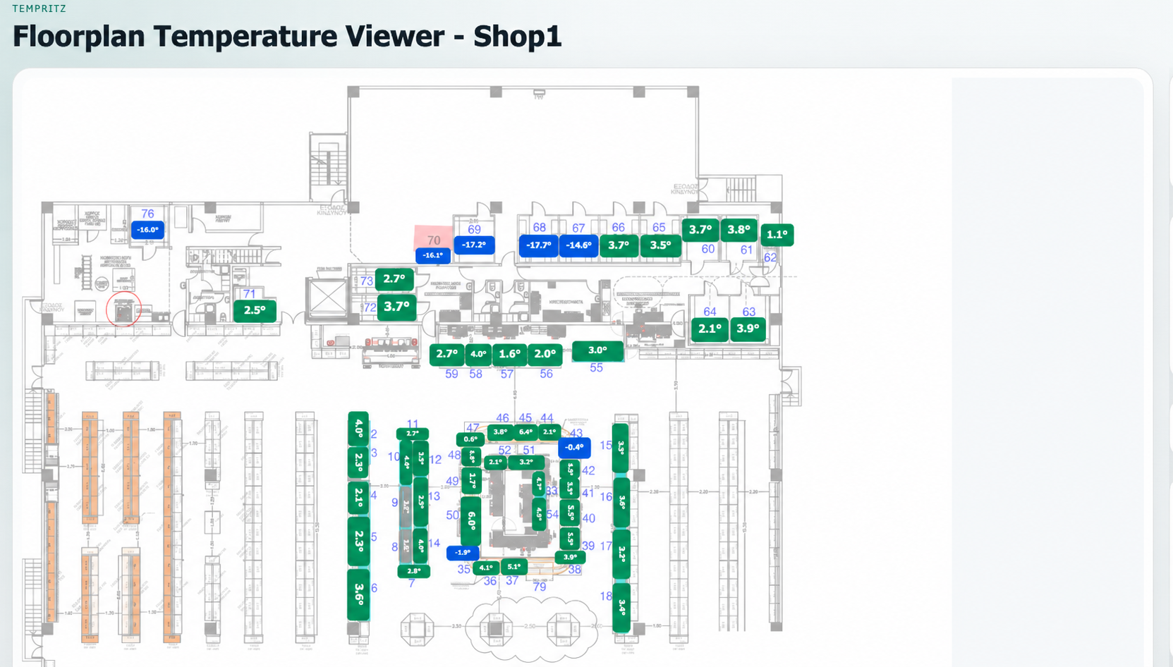 Floorplan Temperature Viewer showing live temperature points for Shop1
